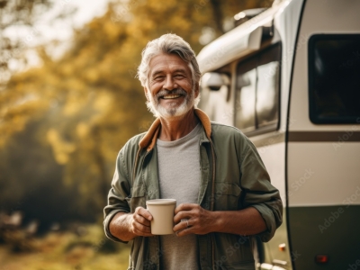 Mann steht vor seinem Camper